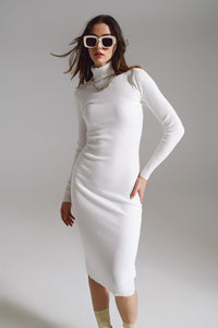 Q2 Women's Dress One Size / White Midi Bodycon Knitted Dress With Turtle Neck In White