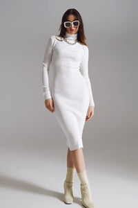 Q2 Women's Dress One Size / White Midi Bodycon Knitted Dress With Turtle Neck In White