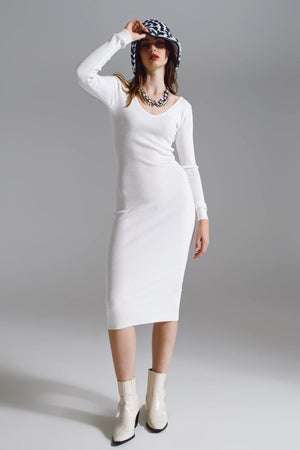 Q2 Women's Dress One Size / White Midi Bodycon Knitted Dress With V-Neck In White