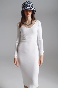 Q2 Women's Dress One Size / White Midi Bodycon Knitted Dress With V-Neck In White