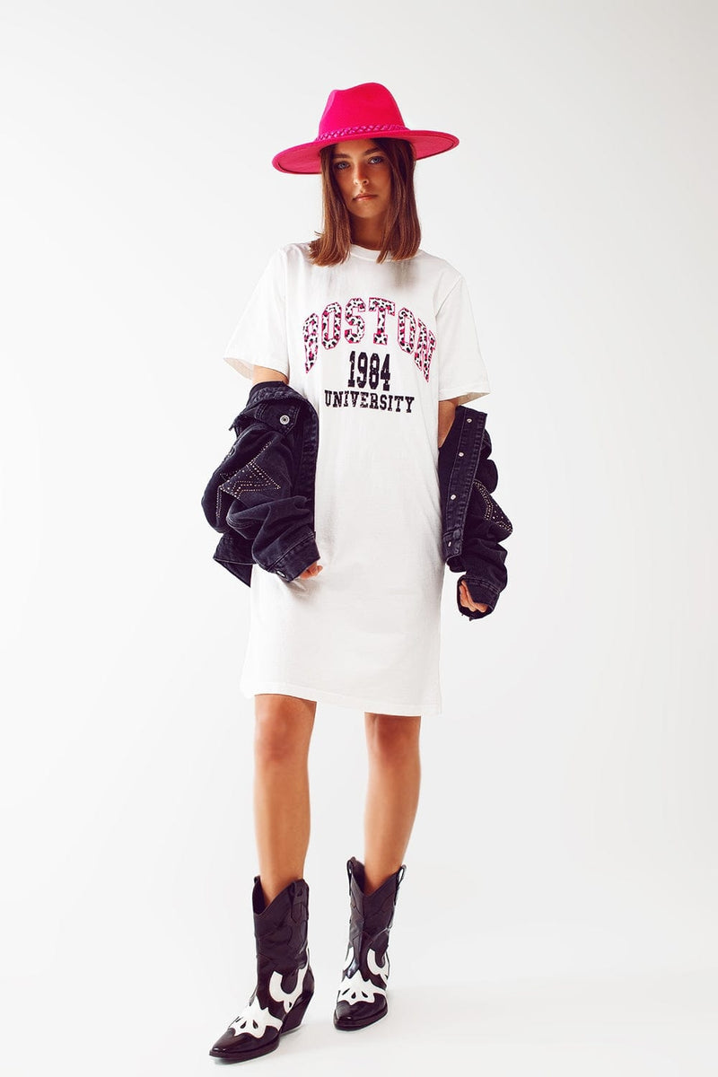 Q2 Women's Dress One Size / White Midi T-Shirt Dress In White Boston 1984 University