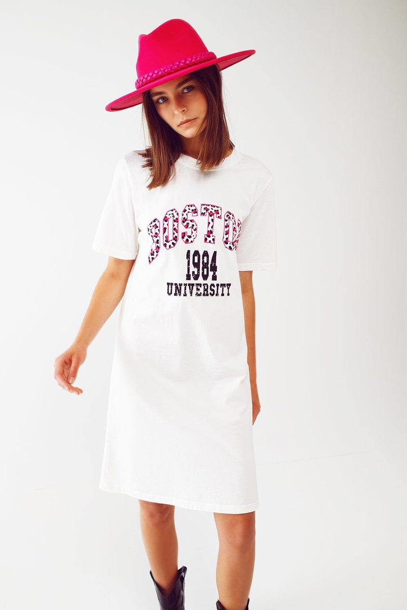 Q2 Women's Dress One Size / White Midi T-Shirt Dress In White Boston 1984 University