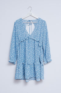 Q2 Women's Dress Open Back Mini Tea Dress in Blue Floral