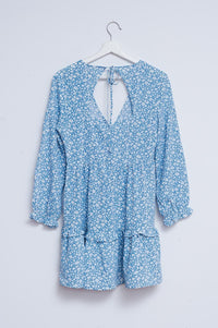 Q2 Women's Dress Open Back Mini Tea Dress in Blue Floral