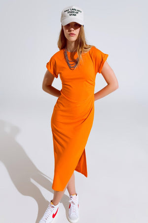 Q2 Women's Dress Orange Maxi Dress With Slid And Rouche At The Side