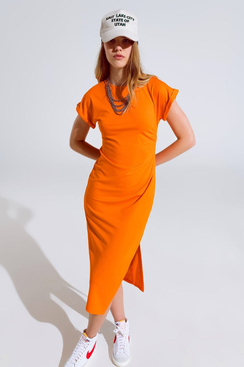Q2 Women's Dress Orange Maxi Dress With Slid And Rouche At The Side