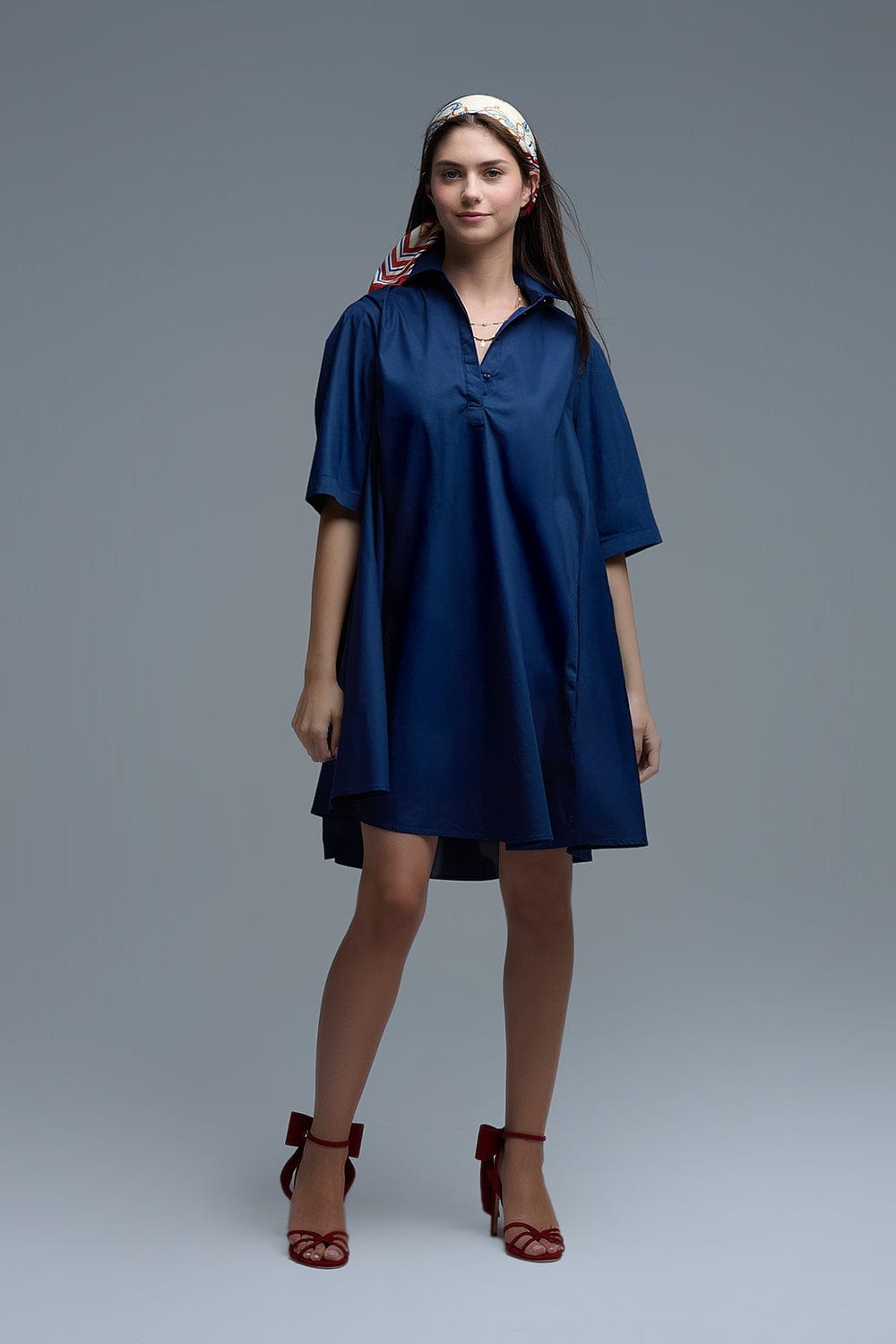 Q2 Women's Dress Oversized 3/4 Sleeve Poplin Dress In Navy