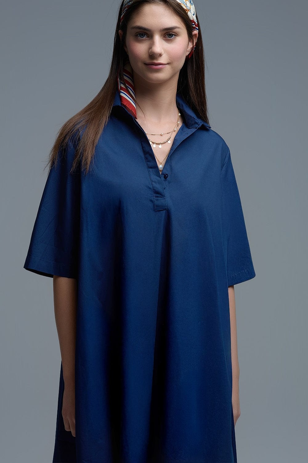Q2 Women's Dress Oversized 3/4 Sleeve Poplin Dress In Navy