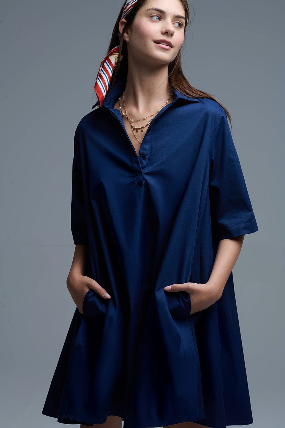 Q2 Women's Dress Oversized 3/4 Sleeve Poplin Dress In Navy