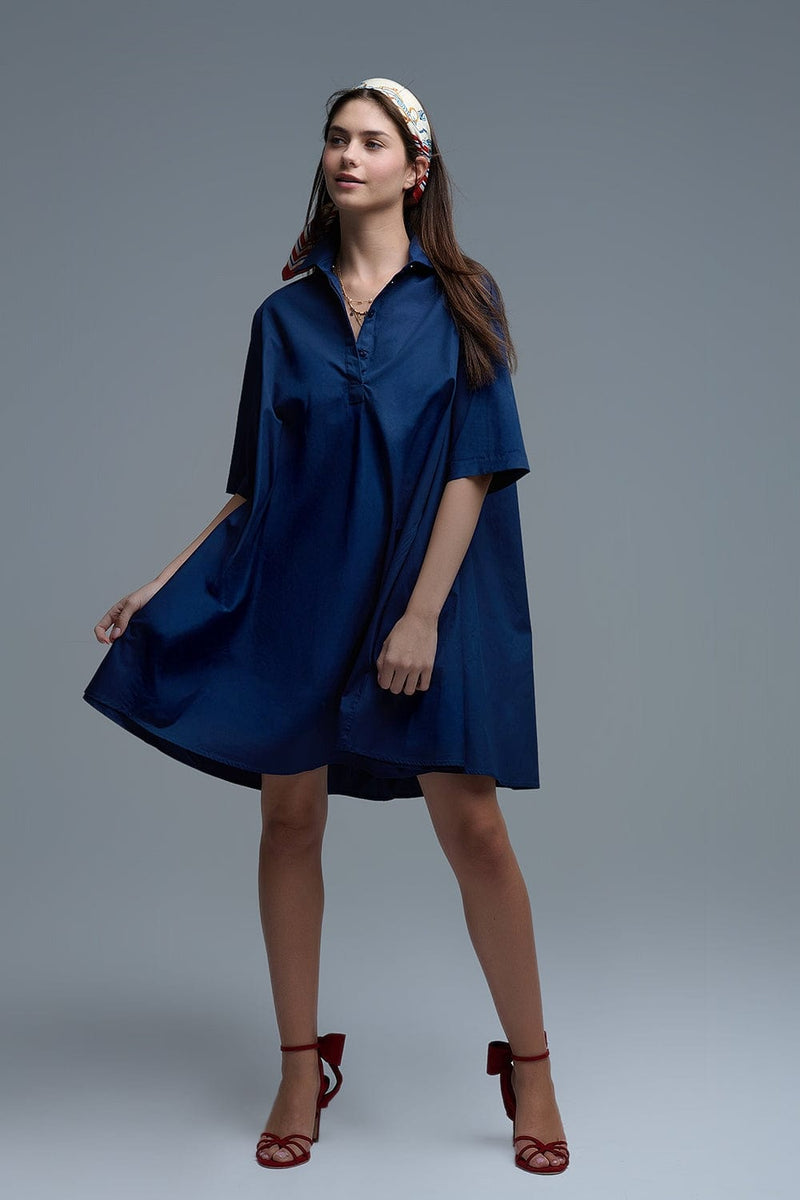Q2 Women's Dress Oversized 3/4 Sleeve Poplin Dress In Navy