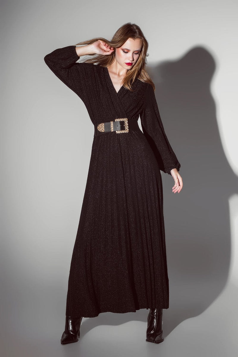 Q2 Women's Dress Party Long Sleeve Maxi Dress With Glitter In Black