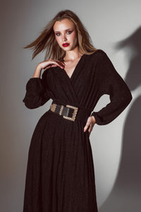 Q2 Women's Dress Party Long Sleeve Maxi Dress With Glitter In Black