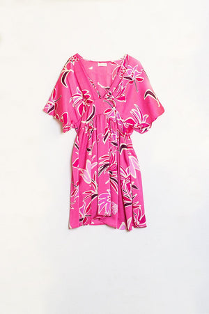 Q2 Women's Dress Pink Short Dress With Flower Print And V-Neckline