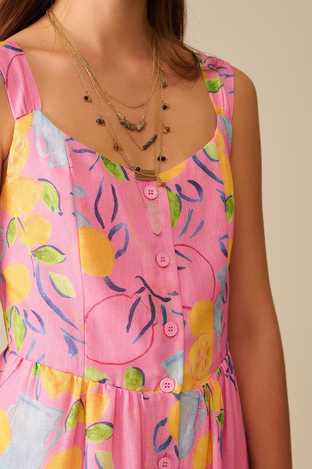 Q2 Women's Dress Pink Sleeveless Maxi Dress With Lemon Print