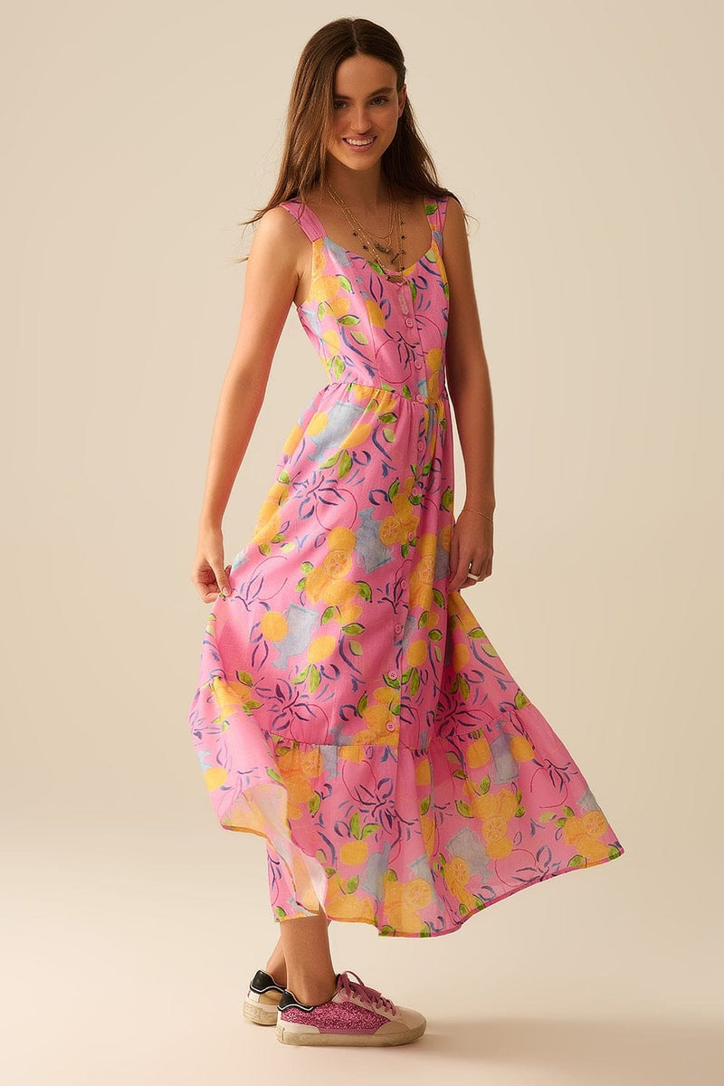 Q2 Women's Dress Pink Sleeveless Maxi Dress With Lemon Print