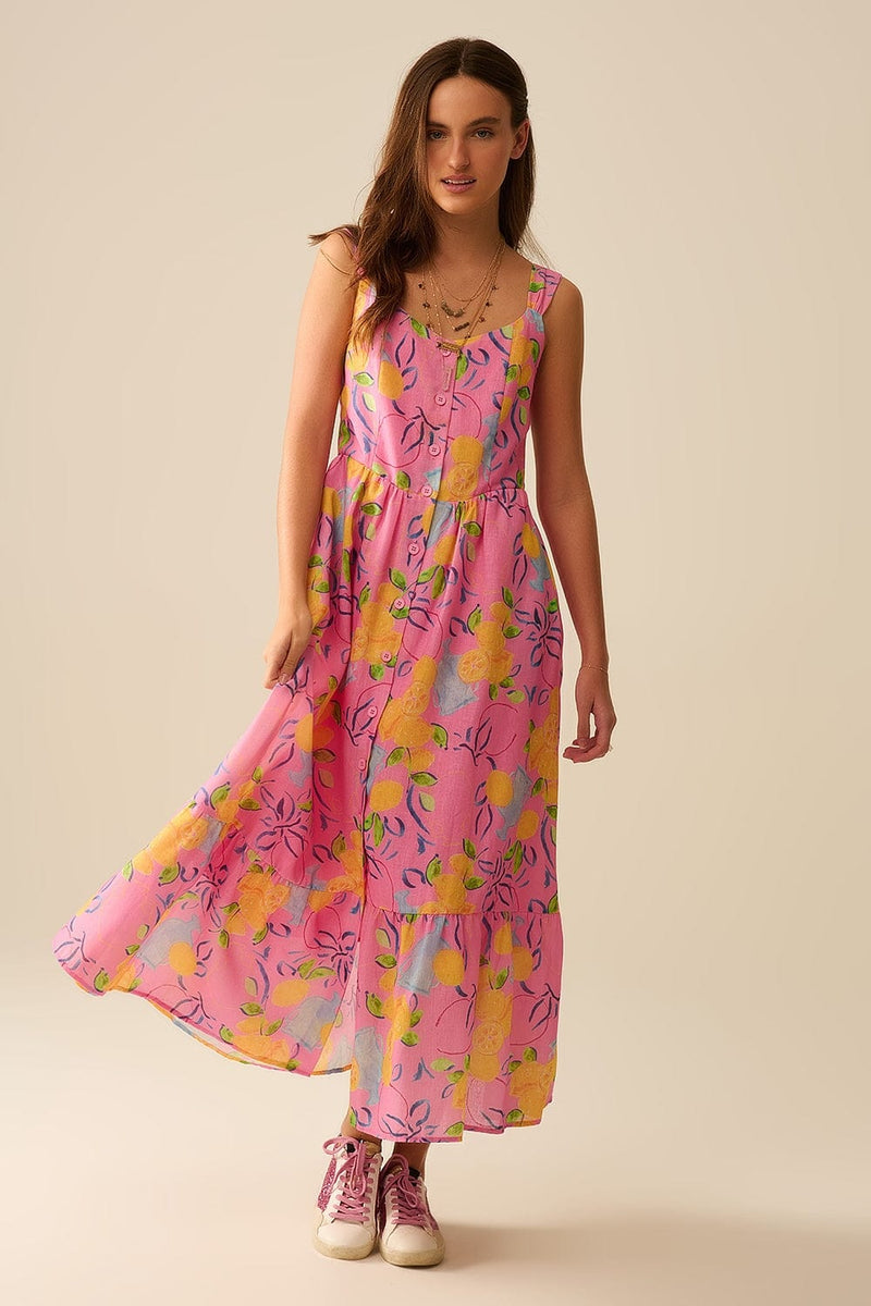 Q2 Women's Dress Pink Sleeveless Maxi Dress With Lemon Print