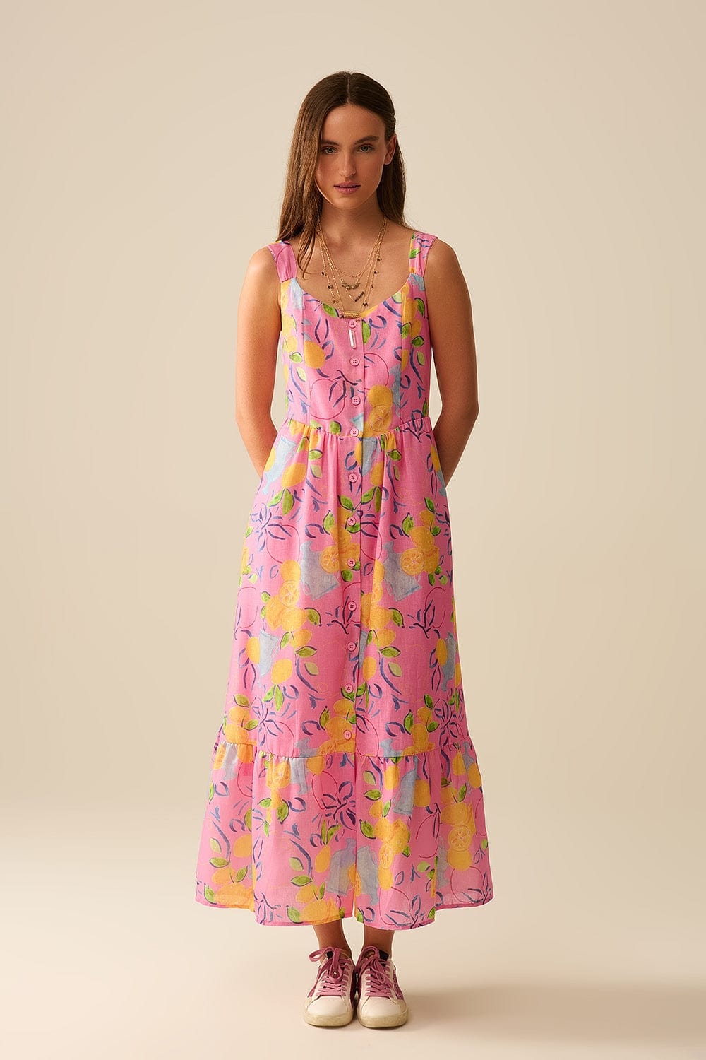 Q2 Women's Dress Pink Sleeveless Maxi Dress With Lemon Print
