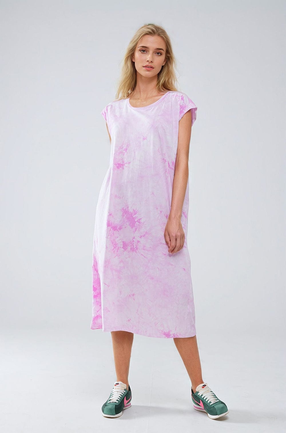 Q2 Women's Dress Pink Tie Dye Midi Shirt Dress