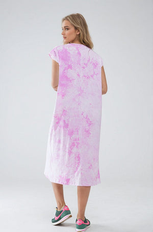 Q2 Women's Dress Pink Tie Dye Midi Shirt Dress