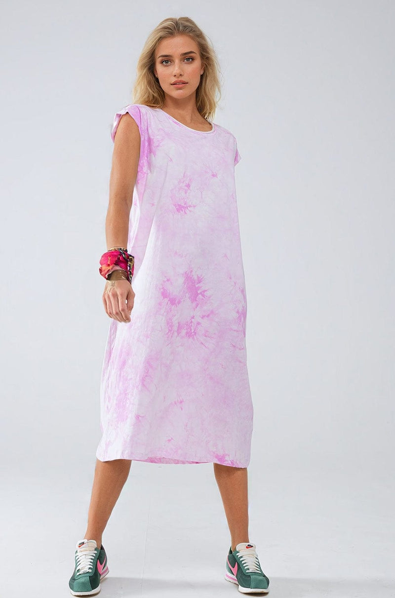 Q2 Women's Dress Pink Tie Dye Midi Shirt Dress