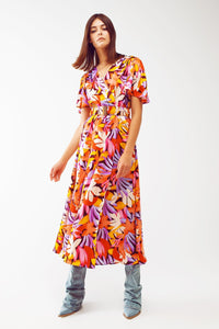 Q2 Women's Dress Pleated Maxi V Neck Dress in Multicolour