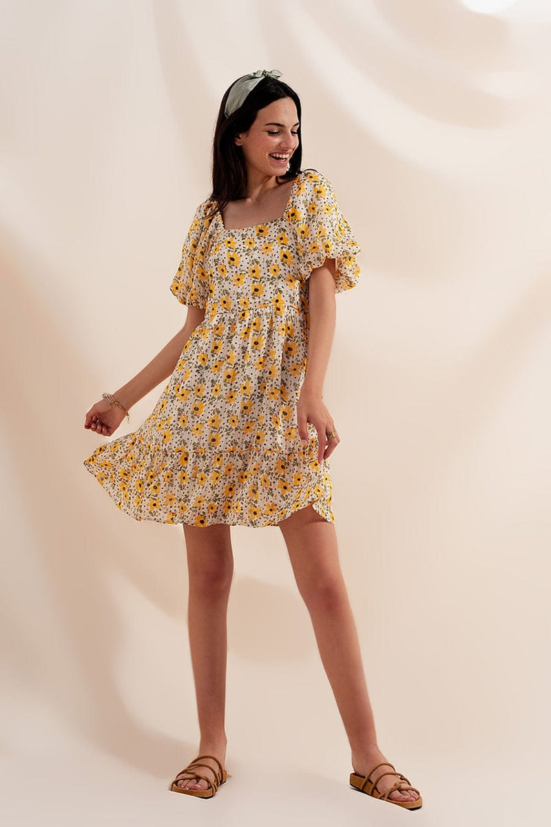 Q2 Women's Dress Puff Sleeve Smock Dress in Yellow