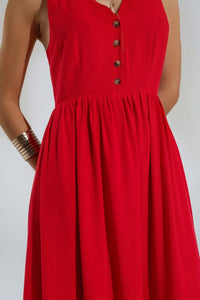 Q2 Women's Dress Red Dress With Button Detail