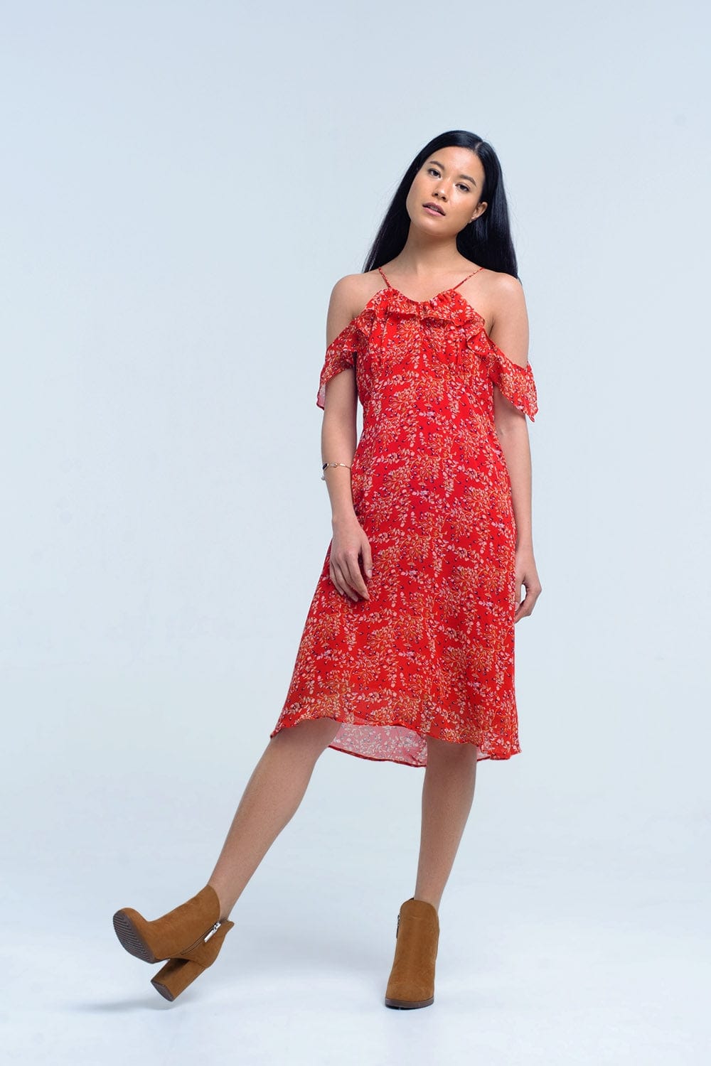 Q2 Women's Dress Red dress with printed flowers and ruffles