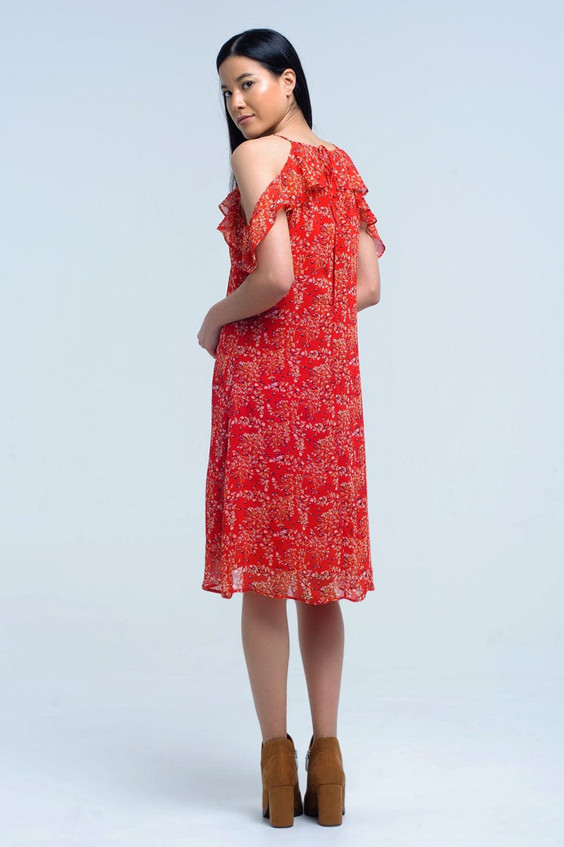 Q2 Women's Dress Red dress with printed flowers and ruffles