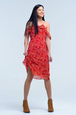 Q2 Women's Dress Red dress with printed flowers and ruffles