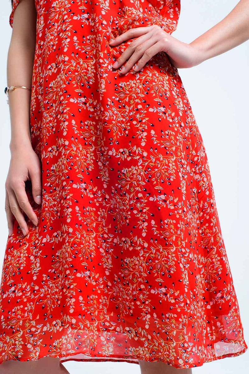 Q2 Women's Dress Red dress with printed flowers and ruffles