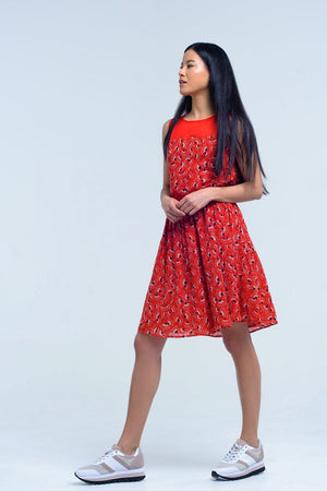 Q2 Women's Dress Red mini dress with print geo and bow
