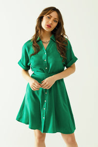 Q2 Women's Dress Relaxed Belted Mini Dress With Button Placked Down The Front In Green