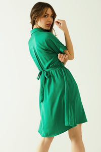 Q2 Women's Dress Relaxed Belted Mini Dress With Button Placked Down The Front In Green