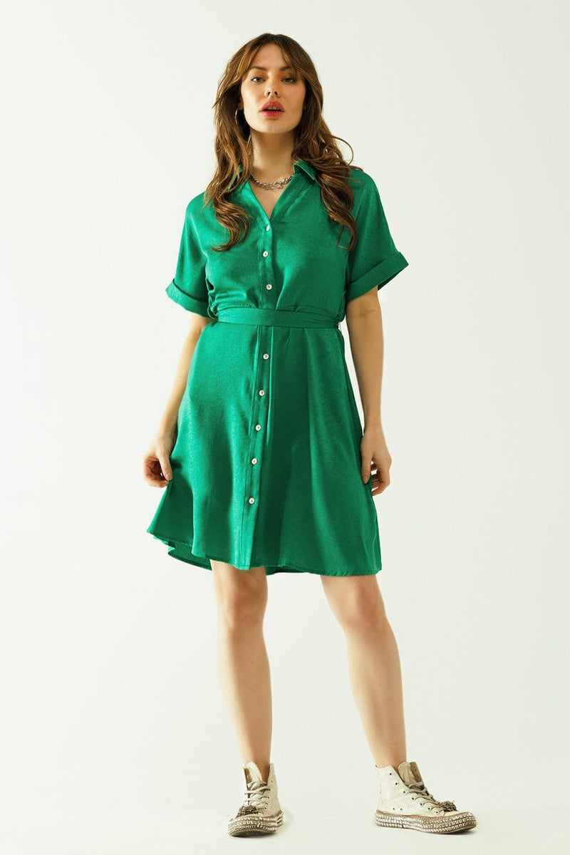 Q2 Women's Dress Relaxed Belted Mini Dress With Button Placked Down The Front In Green