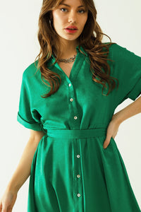 Q2 Women's Dress Relaxed Belted Mini Dress With Button Placked Down The Front In Green