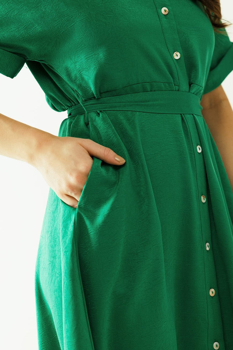 Q2 Women's Dress Relaxed Belted Mini Dress With Button Placked Down The Front In Green