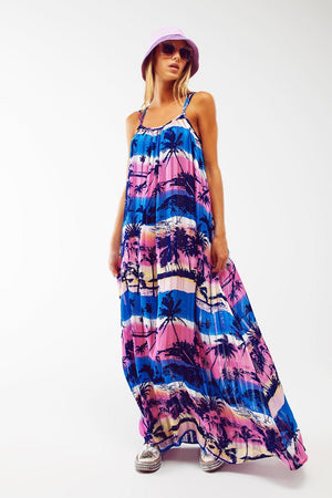 Q2 Women's Dress Relaxed Open Back Maxi Dress In Tropical Blue Print