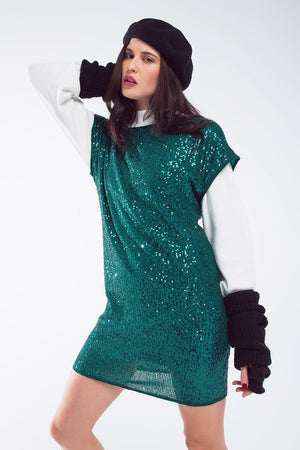 Q2 Women's Dress Relaxed Sequin Dress With Short Sleeves And Open Back In Green