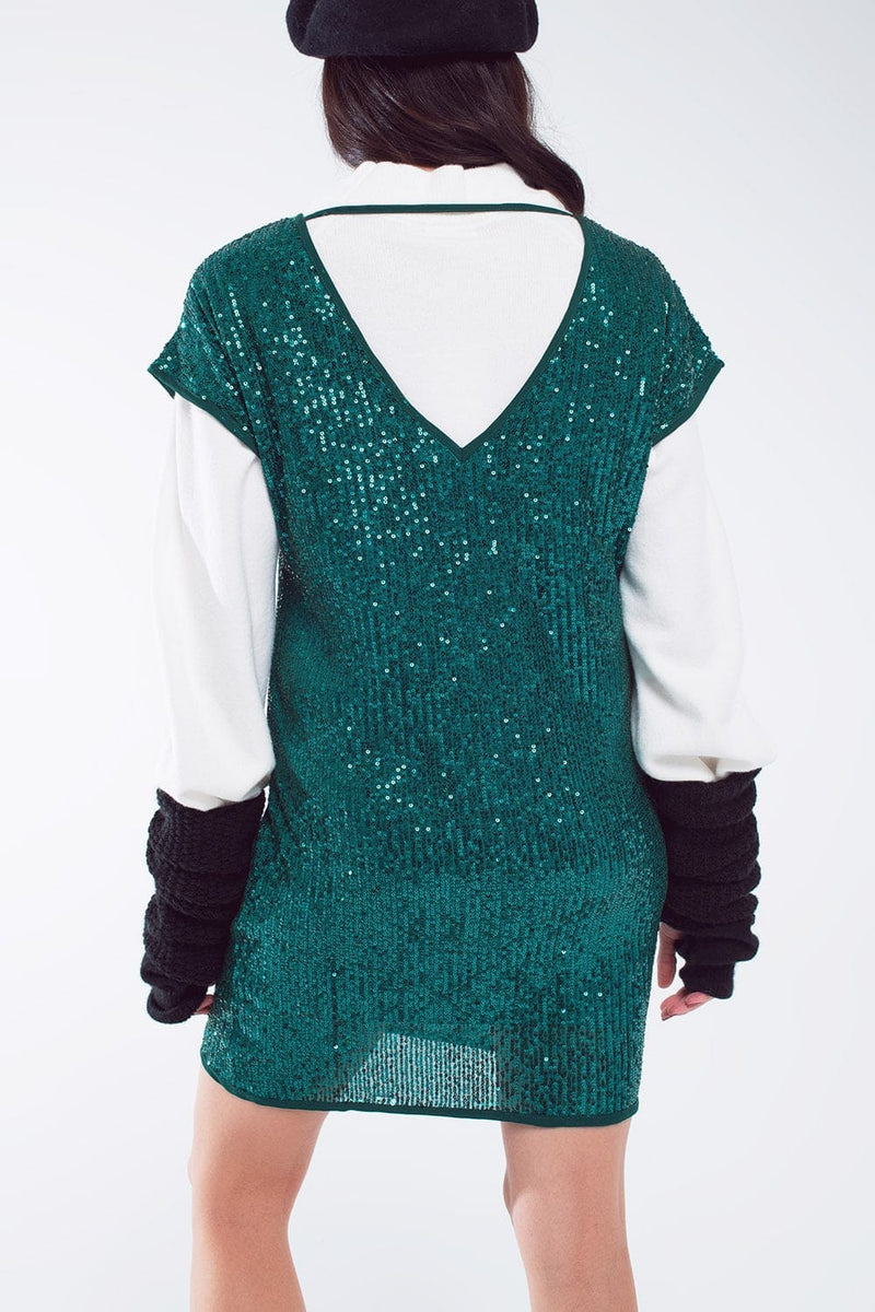 Q2 Women's Dress Relaxed Sequin Dress With Short Sleeves And Open Back In Green