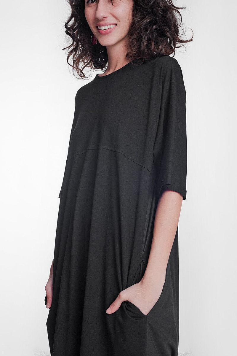 Q2 Women's Dress Round Neck Poplin T-Shirt Dress In Black