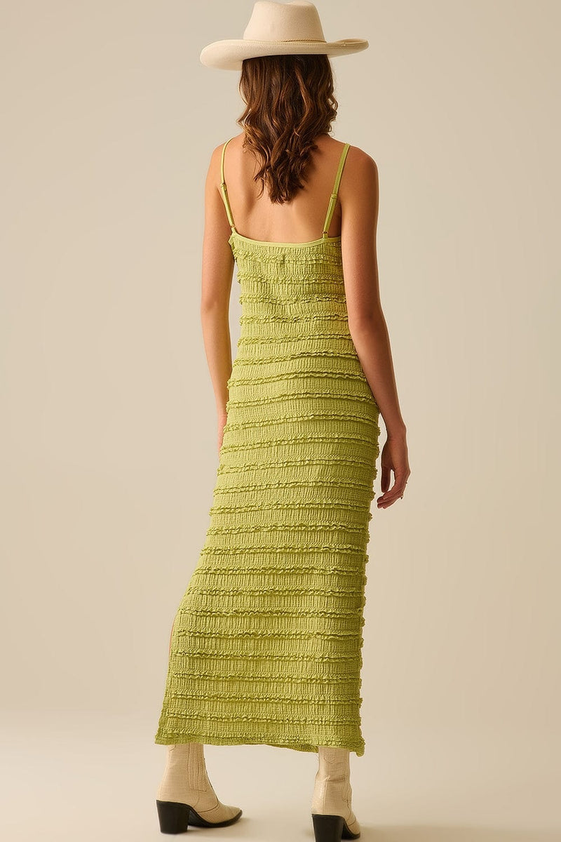 Q2 Women's Dress Ruffle Maxi Dress With Slit In Green Color