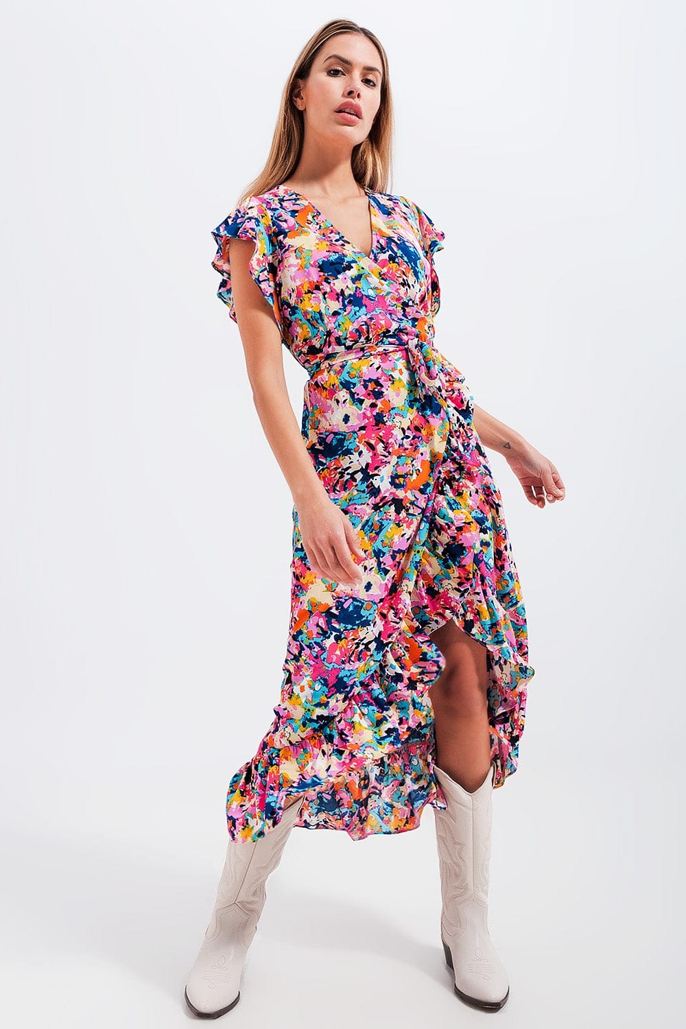 Q2 Women's Dress Ruffle Wrap Maxi Dress in Blue Floral
