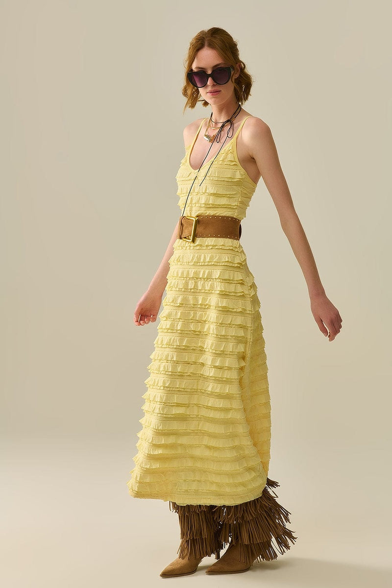 Q2 Women's Dress Ruffled Maxi Dress In Yellow With Straps