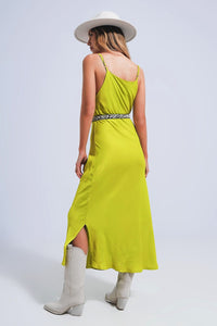 Q2 Women's Dress Satin Cami Strap Midi Slip Dress in Green
