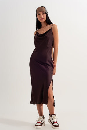 Q2 Women's Dress Satin Cami Strap Mini Dress in Brown