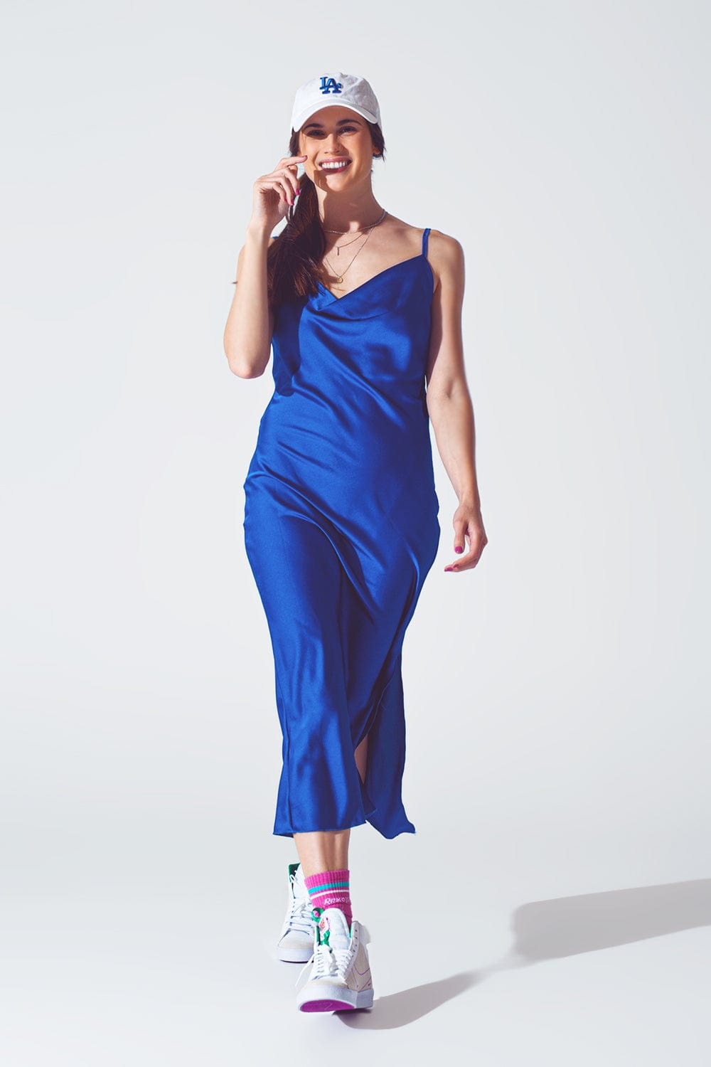 Q2 Women's Dress Satin Dress with Waterfall Neckline in Blue