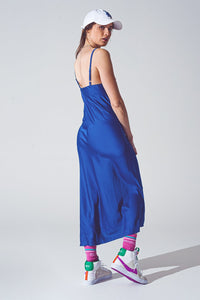 Q2 Women's Dress Satin Dress with Waterfall Neckline in Blue