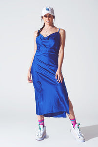 Q2 Women's Dress Satin Dress with Waterfall Neckline in Blue