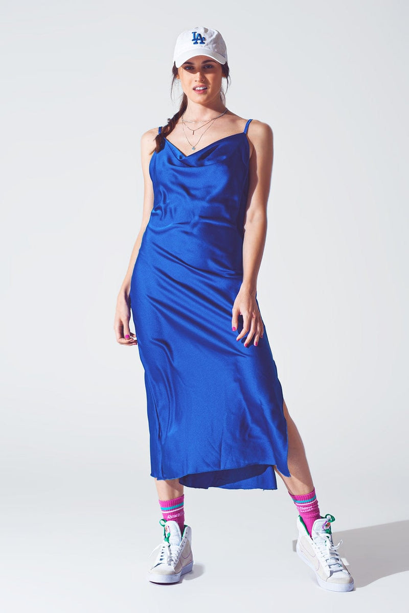 Q2 Women's Dress Satin Dress with Waterfall Neckline in Blue